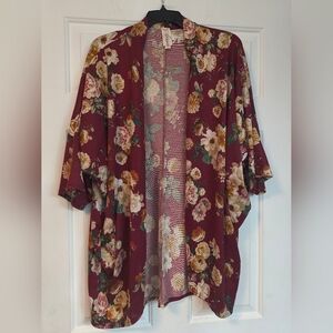 Crepas Floral Kimono Cardigan Burgundy Casual 1XL